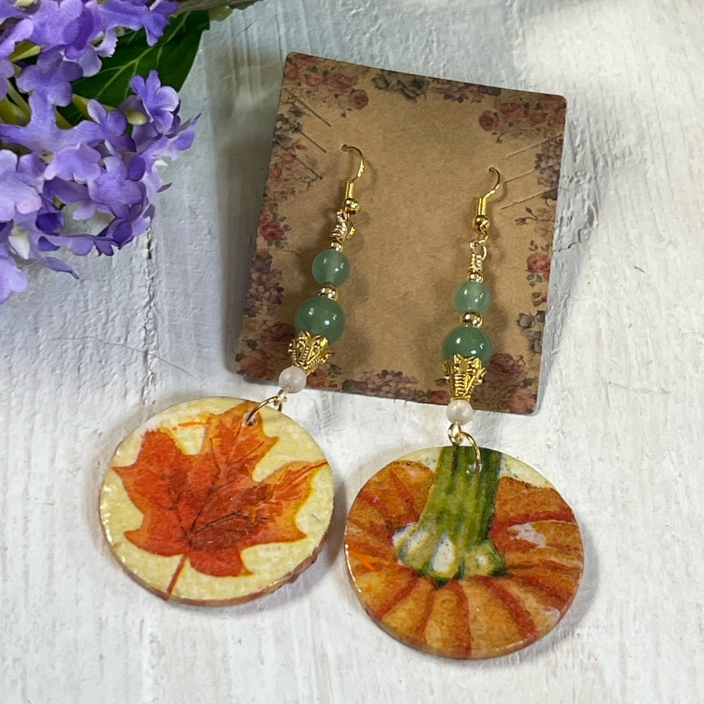 Green Natural Aventurine Maple Leaf and Pumpkin Dangle Fall Earrings